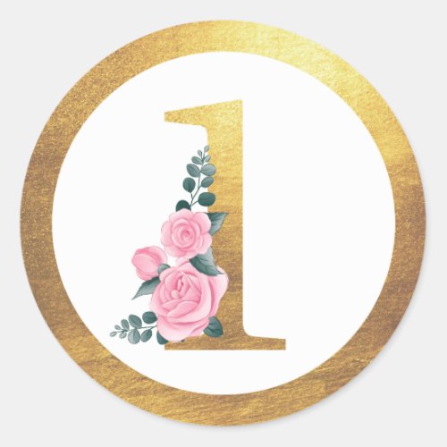 Number 1 One Pink Roses Floral  Elegant Gold Classic Round Sticker