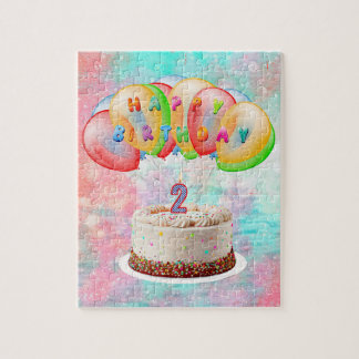 Number 2 Candle on Cake, Happy Birthday, Colorful Jigsaw Puzzle