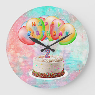 Number 2 Candle on Cake, Happy Birthday, Colorful Large Clock