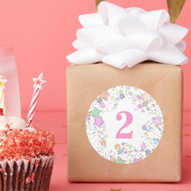 Number 2 TWO Girls 2nd Birthday Pastel Stars Classic Round Sticker (Party)