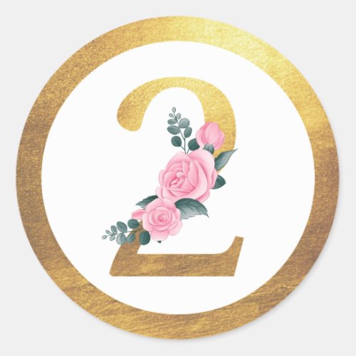 Number 2 Two Pink Roses Floral  Elegant Gold Classic Round Sticker