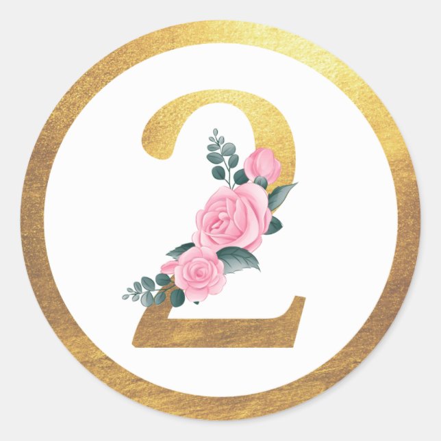 Number 2 Two Pink Roses Floral & Elegant Gold Classic Round Sticker (Front)