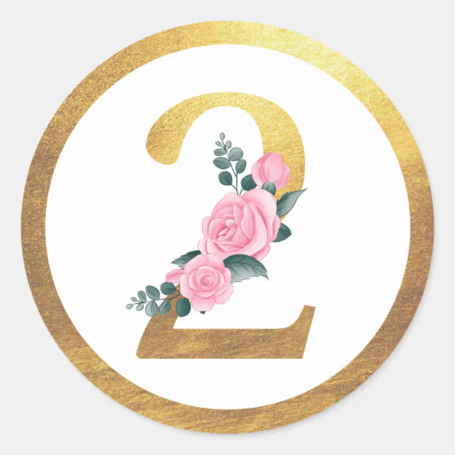 Number 2 Two Pink Roses Floral & Elegant Gold Classic Round Sticker ...