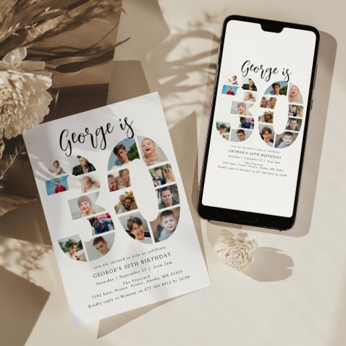 Number 30 Photo Co|lage 30th Birthday Party Invitation