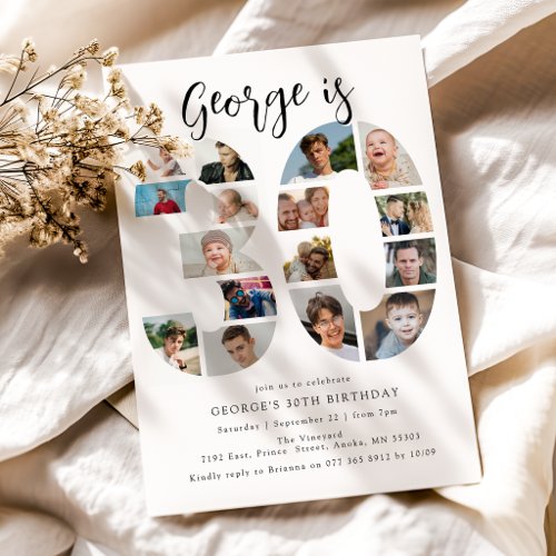 Number 30 Photo Co|lage 30th Birthday Party Invitation