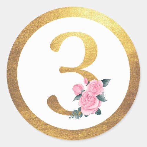 Number 3 Three Pink Roses Floral  Elegant Gold Classic Round Sticker
