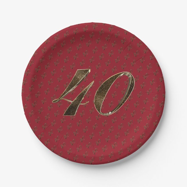 Number 40 40th Anniversary Ruby Gold Typography Paper Plates (Front)