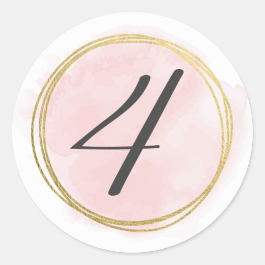 Number 4 Four Monogram Blush Pink Watercolor Gold Classic Round Sticker ...