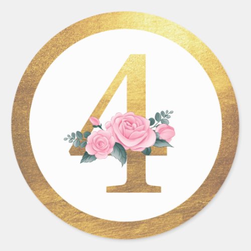 Number 4 Four Pink Roses Floral  Elegant Gold Classic Round Sticker