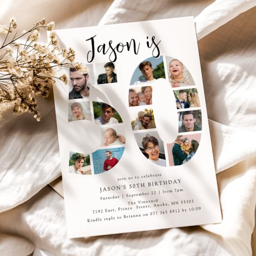 Number 50 Photo Co|lage 50th Birthday Party Invitation