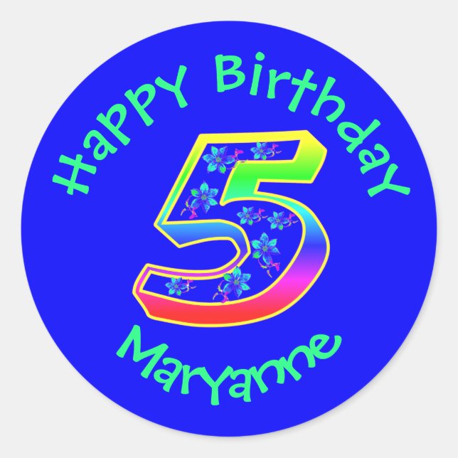 Number 5 Birthday Party Flowers Stickers (Front)