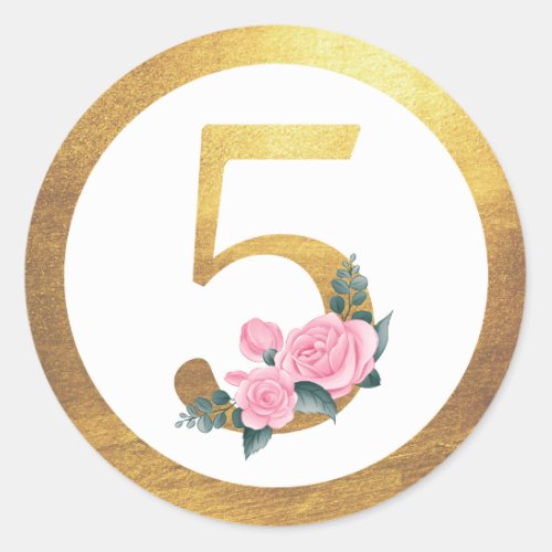 Number 5 Five Pink Roses Floral  Elegant Gold Classic Round Sticker