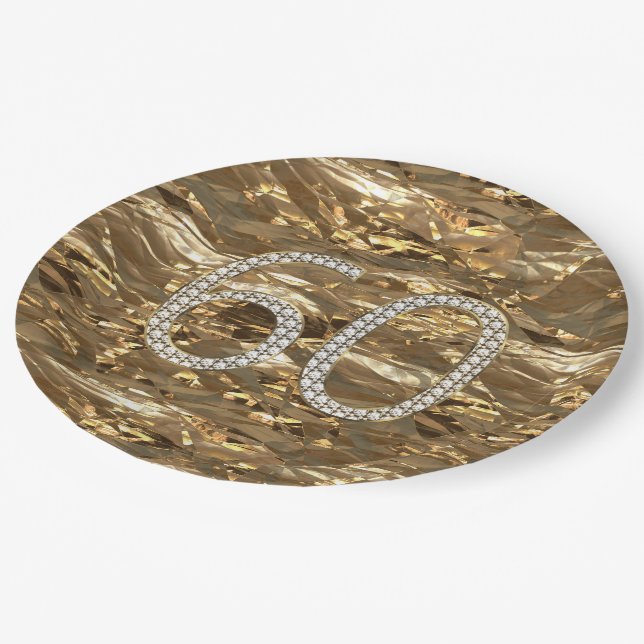 Number 60 Diamond Wedding 60th Anniversary Gold Paper Plates (Angled)
