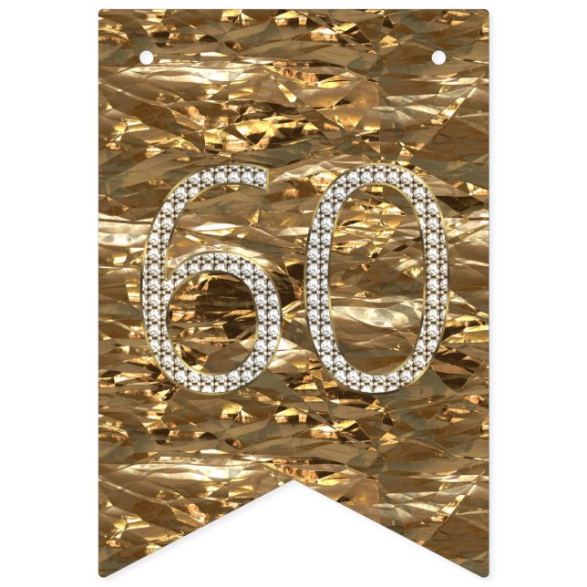 Number 60 Diamond Wedding Anniversary Gold Foil Bunting Flags (First Flag)
