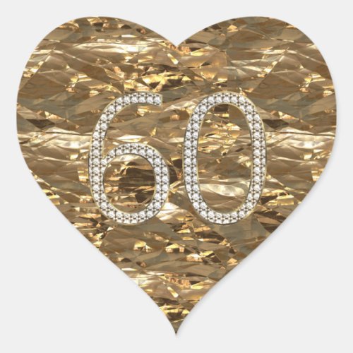 Number 60 Diamond Wedding Heart Shiny Gold Heart Sticker