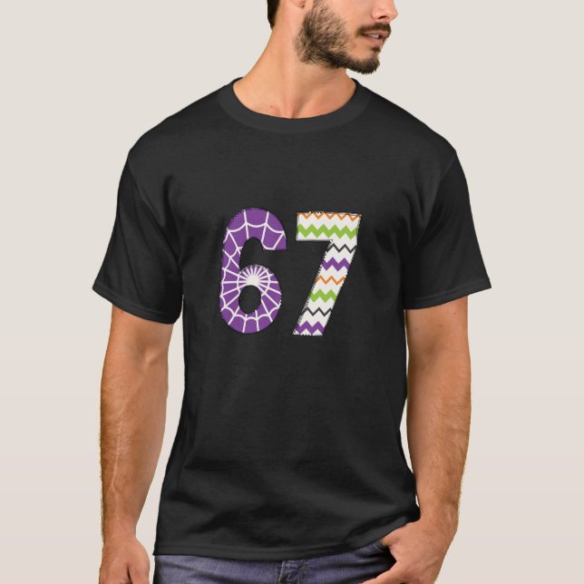 Number 67 Halloween Spiderweb Birthday Team T-Shirt (Front)