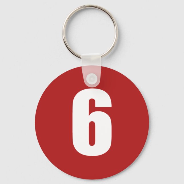 Number 6  in white on red button keychain (Front)