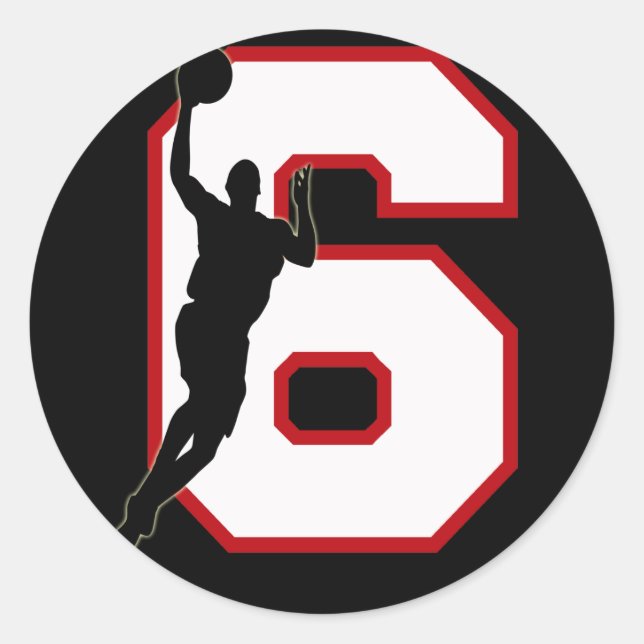 NUMBER 6 WITH BASKETBALL PLAYER CLASSIC ROUND STICKER (Front)