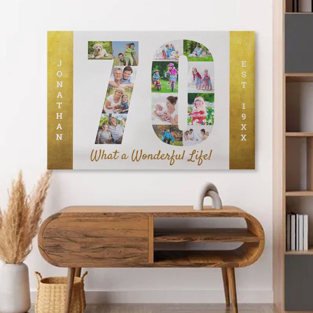 Number 70 Photo Collage 70th Birthday Gold & White Faux Canvas Print (Creator Uploaded)