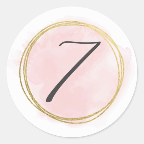 Number 7 Seven Monogram Blush Pink Watercolor Gold Classic Round Sticker