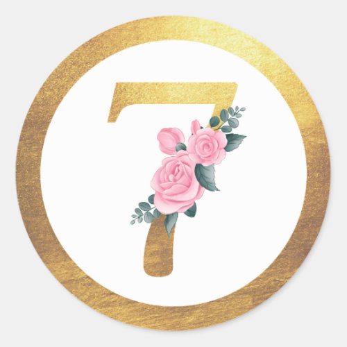 Number 7 Seven Pink Roses Floral  Elegant Gold Classic Round Sticker