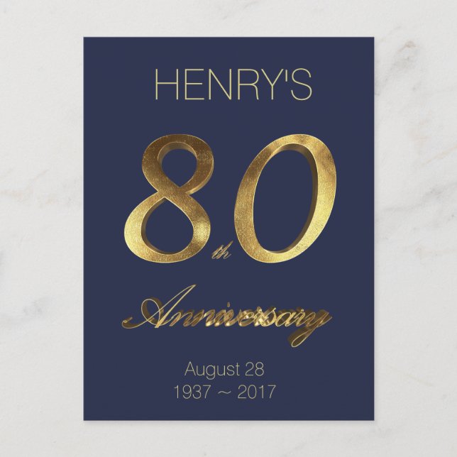 Number 80 80th Birthday Anniversary Blue Gold Postcard (Front)