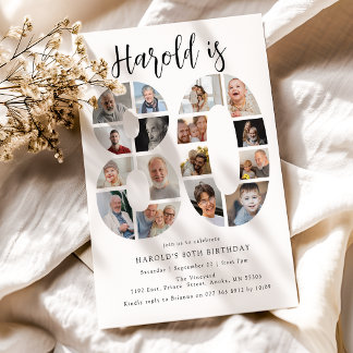 Number 80 Photo Collage 80th Birthday Party Invitation