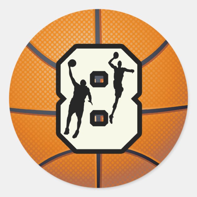 Number 8 Basketball and Players Classic Round Sticker (Front)