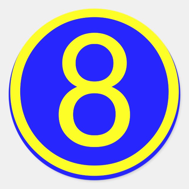 number 8 in a circle, blue background classic round sticker (Front)