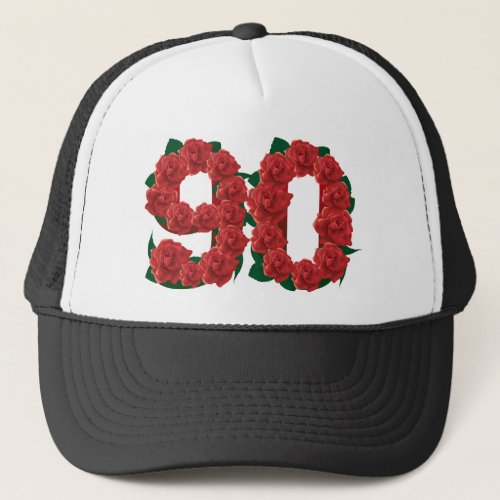 Number 90 or 90th birthday red roses trucker hat