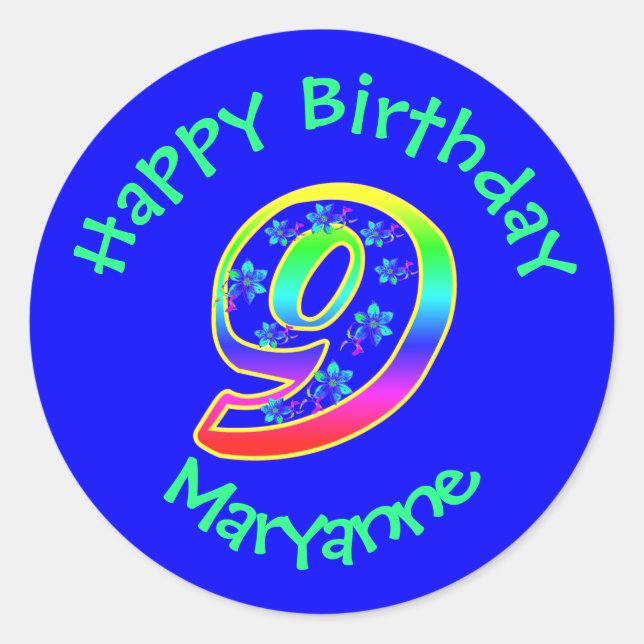 Number 9 Birthday Party Flowers Stickers (Front)