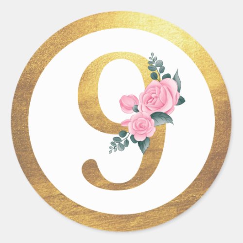 Number 9 Nine Pink Roses Floral  Elegant Gold Classic Round Sticker