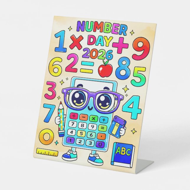 Number Day 2026 Cute Calculator Math Design Pedestal Sign (Front)