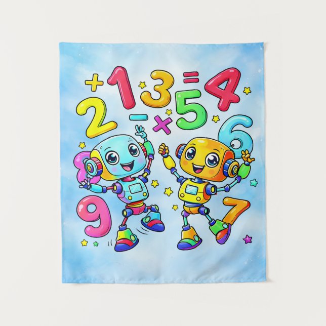 Number Day Cute Math Robots Design Tapestry (Front)
