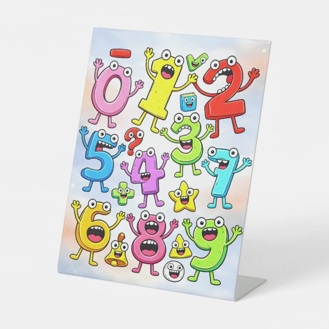 Number Day Funny Cartoon Numbers Design Pedestal Sign (Front)