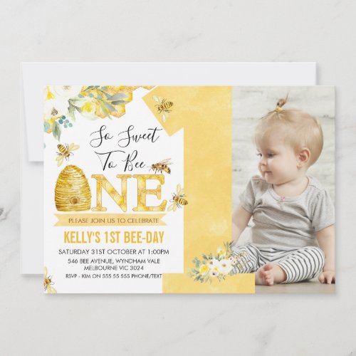 Number Floral Honey Bee First Bee_day Birthday Invitation