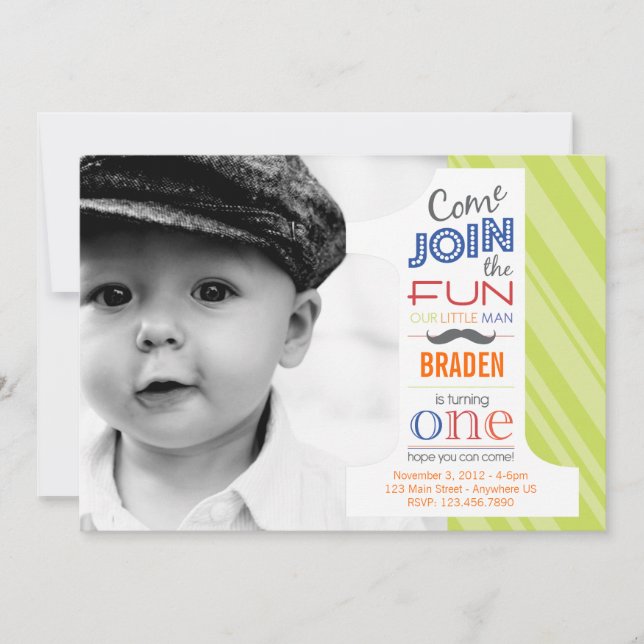 Number Fun MUSTACHE FIRST BIRTHDAY invitation (Front)