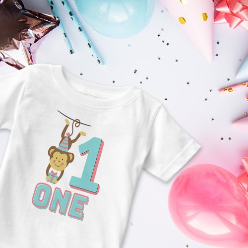 Number One Cute Monkey Counting Teal and Pink Hat  Baby T_Shirt