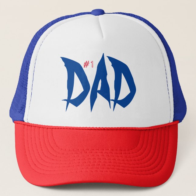 Number One Dad Red White Blue Cool Trucker Hat (Front)