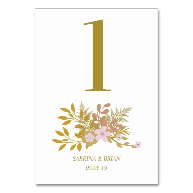Number One Floral Pink and Gold design Table Number (Front)