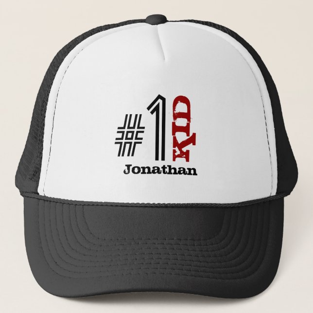 Number One KID Custom Name Red Black White V03 Trucker Hat (Front)