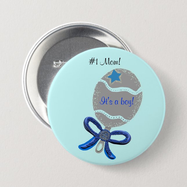Number One Mom New Baby Boy Blue Pinback Button (Front & Back)