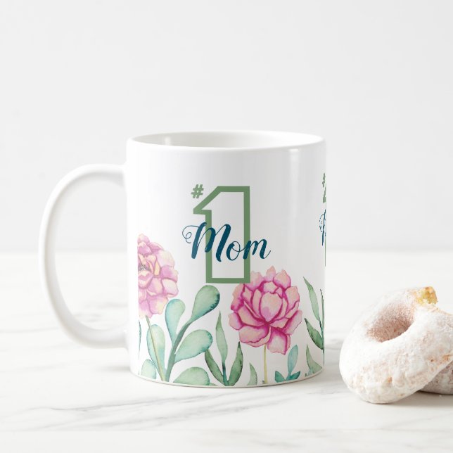 Number One Mom, Peony Garden Coffee Mug (With Donut)
