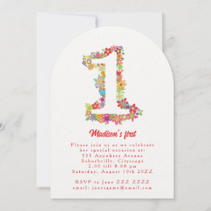 Number One Spring Floral 1st Birthday Party Invite