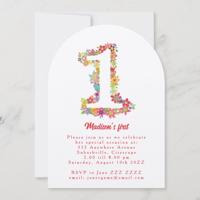 Number One Spring Floral 1st Birthday Party Invite (Front)