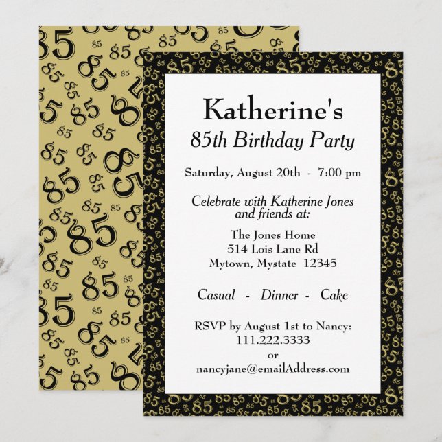 Number Pattern 85 Cool Birthday Party Gold/Black Invitation (Front/Back)