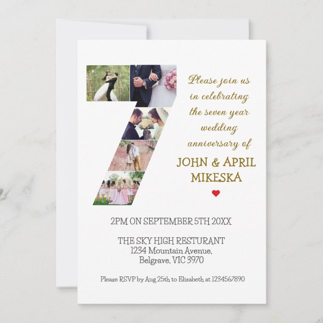 Number Seven Custom Photo Wedding Anniversary  Invitation (Front)