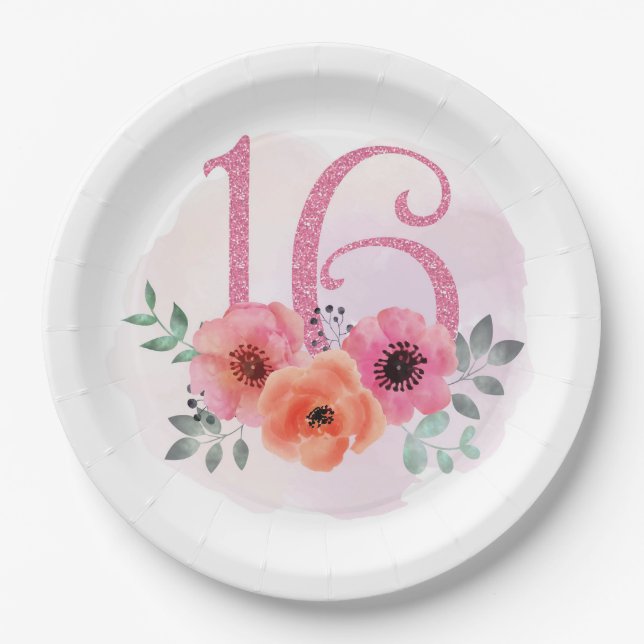 Number Sixteen with Flowers Paper Plates (Front)