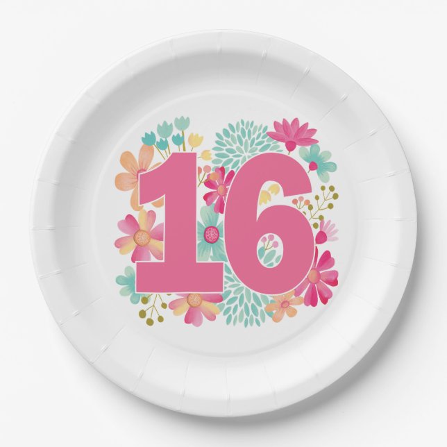 Number Sweet 16 16th Girls Birthday Party Paper Plates (Front)