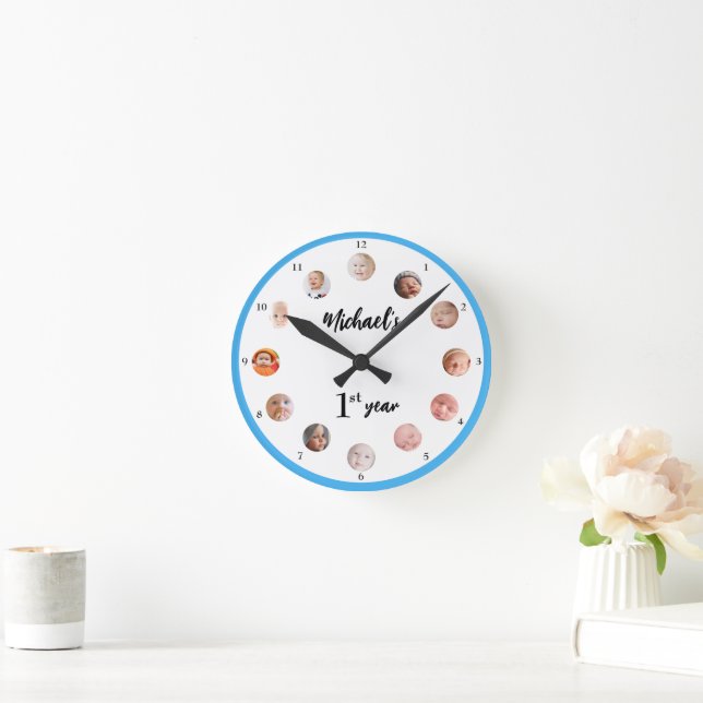 Numbered Baby Boy's 1st year 12 month photos Blue Round Clock (Home)